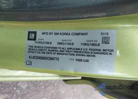 2013 Chevrolet Spark 1Lt Auto from USA, damaged, VIN KL8CD6S99DC564775